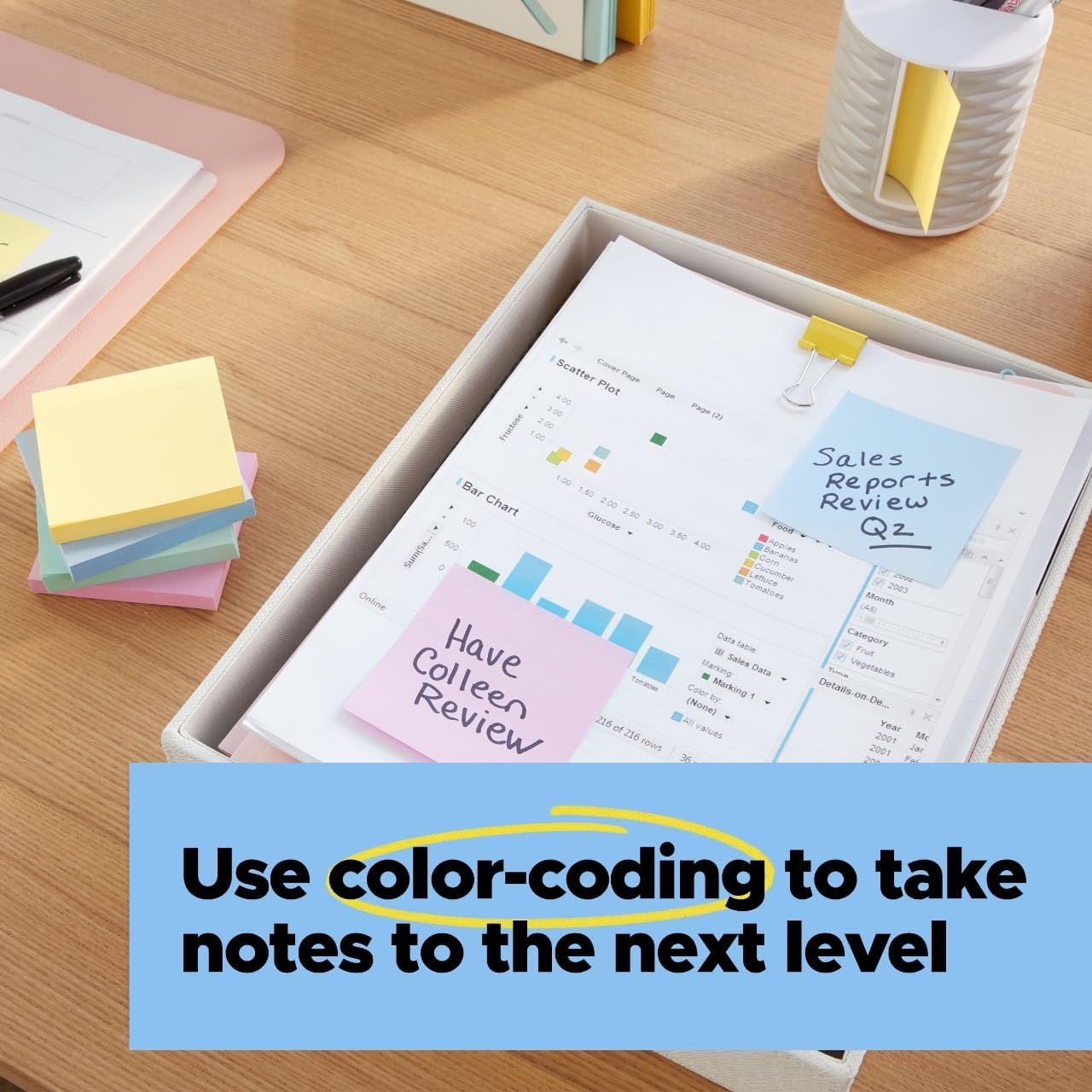 Demonstrates how the product (sticky notes) can be used with color-coding to improve note-taking and organization efficiency.