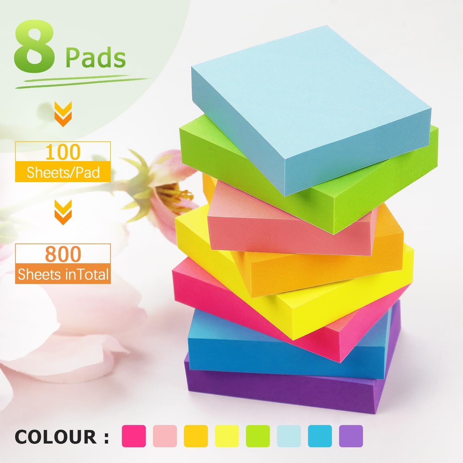 Communicates the quantity and variety included in the purchase, showing shoppers they receive 8 colorful sticky note pads with 100 sheets each for a total of 800 sheets.