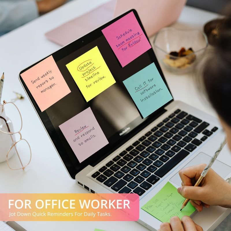 Demonstrates how the product (digital sticky notes) can be used by office workers to organize daily tasks and reminders in a professional work environment.