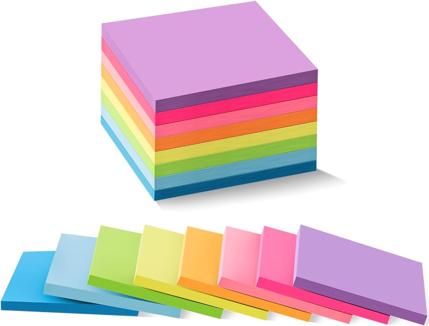 Provides a clean, catalog-style view of the colorful sticky note pad stack to show the product clearly without distractions.