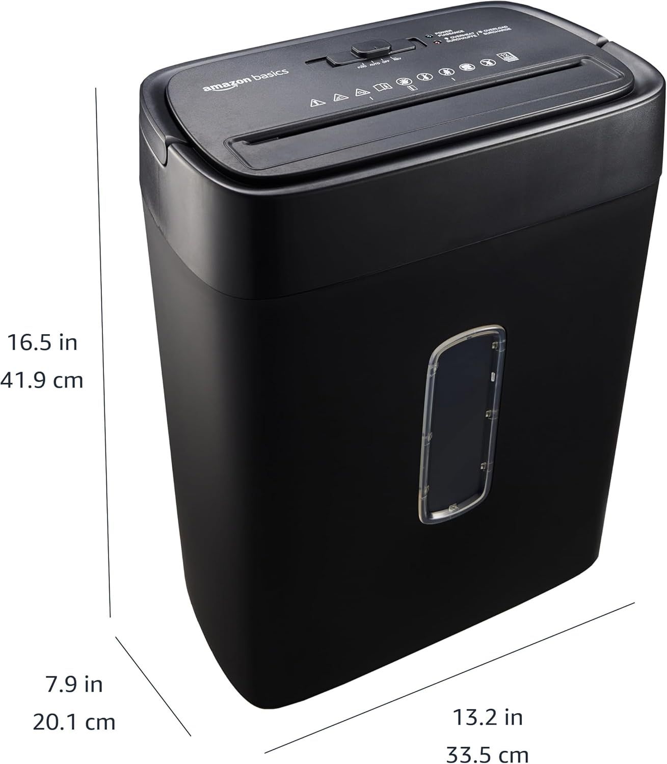 Communicates the exact physical dimensions of the shredder (height, width, depth) to help shoppers understand if it will fit their space.