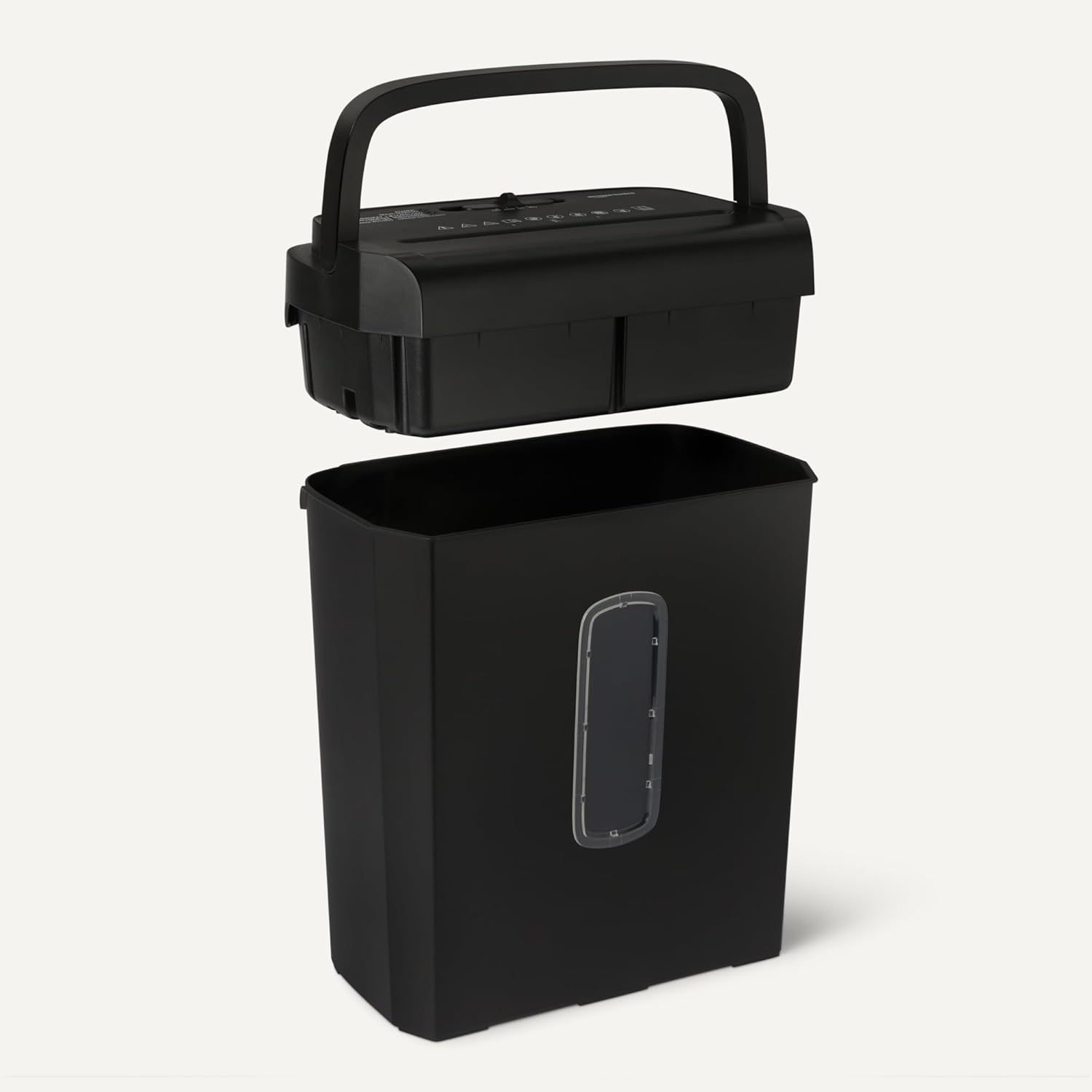 Provides a clean, catalog-style view of the paper shredder product showing its two-part design with the shredding unit and waste bin separated.