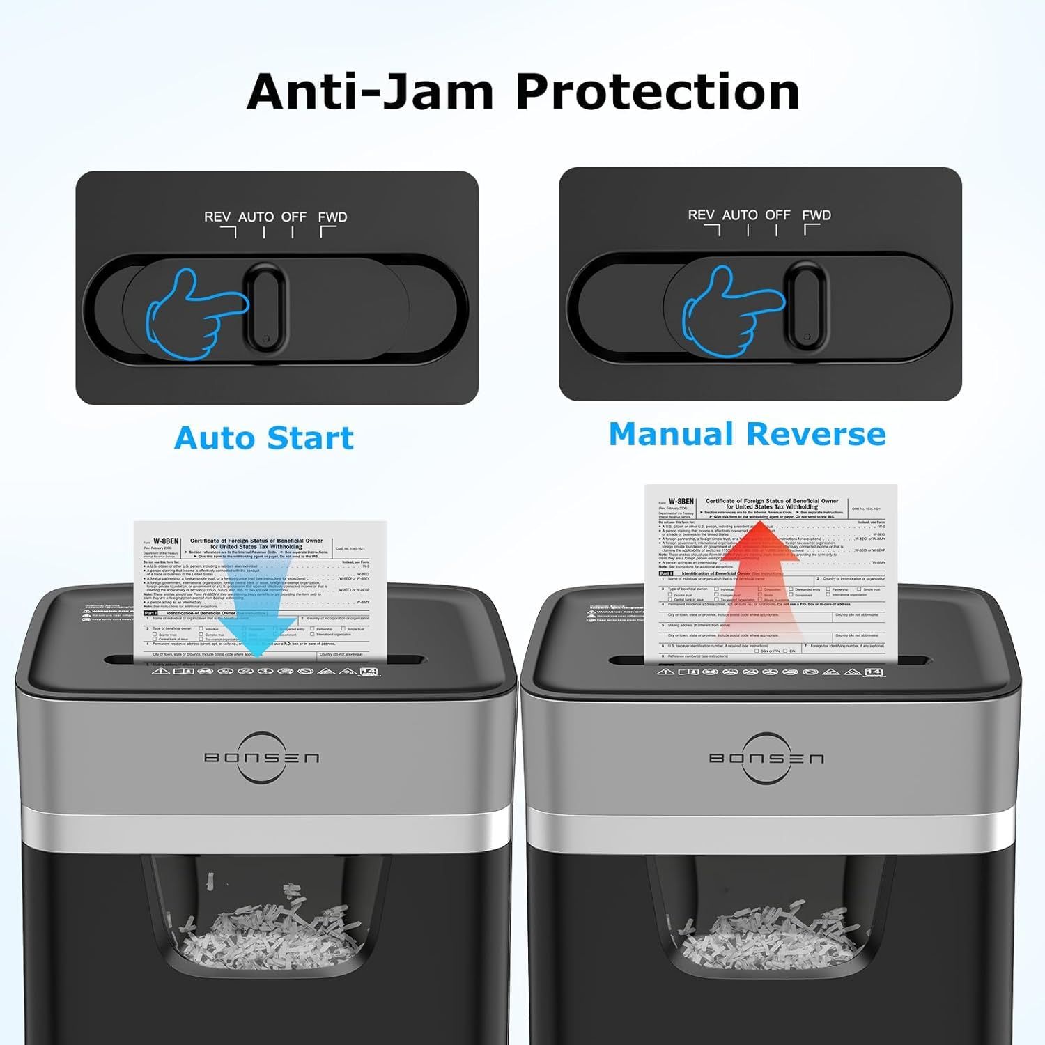 Demonstrates how the shredder's anti-jam protection works through two modes: auto start for normal operation and manual reverse to clear jams, reassuring shoppers that the product is easy to use and…