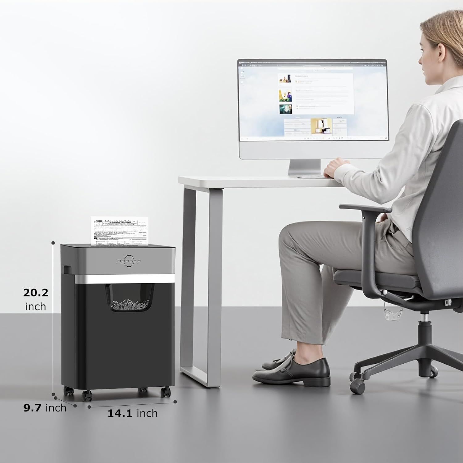 Communicates the physical dimensions of the paper shredder to help shoppers understand its compact footprint and ensure it fits their office space. Demonstrates that the shredder is compact and fits…