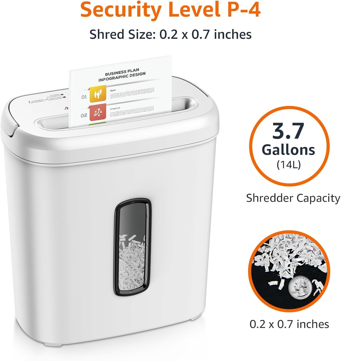 Communicates key performance specifications including security level, shred size dimensions, and bin capacity to help shoppers understand the shredder's capabilities and suitability for their needs.…
