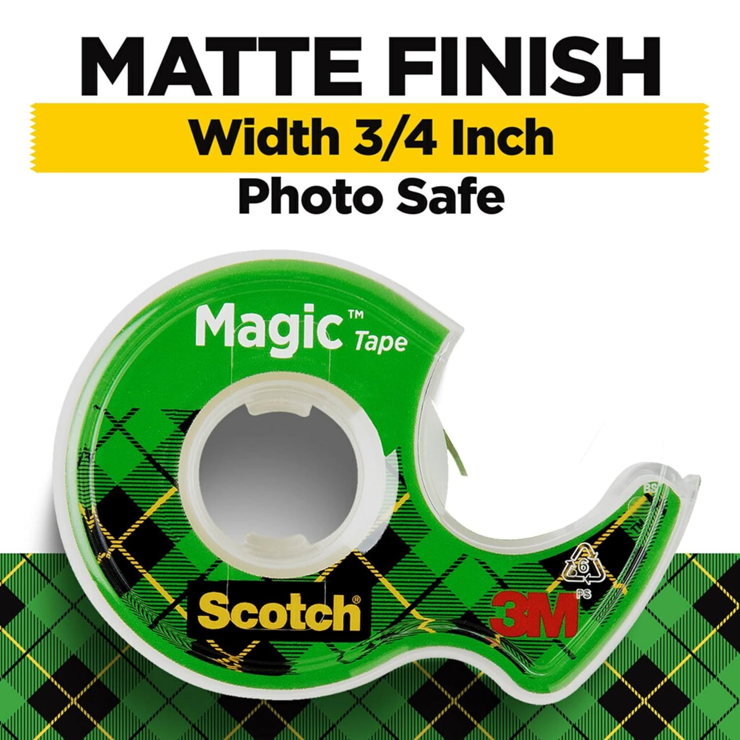 Communicates three distinct product features (matte finish, specific width dimension, and photo-safe quality) to help shoppers understand the tape's key specifications and suitability for photo…