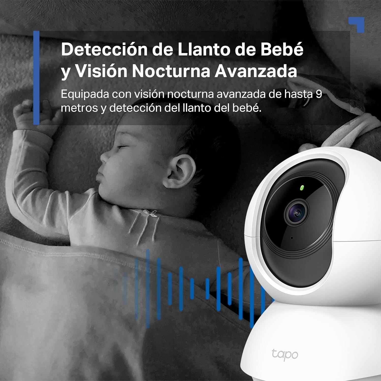 Communicates two key features of the baby monitor camera: the ability to detect baby crying and advanced night vision capability up to 9 meters, reassuring parents of comprehensive monitoring.