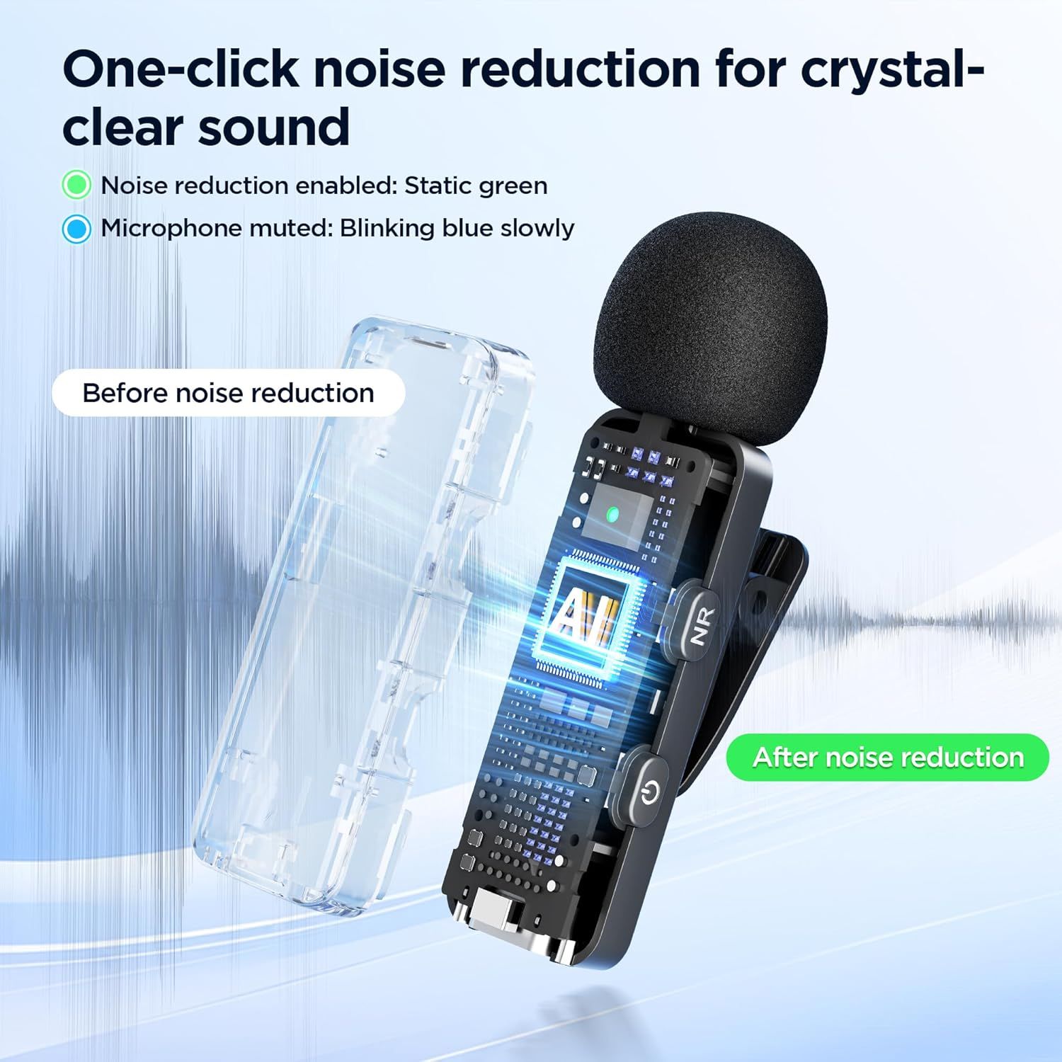 Demonstrates the transformation in audio quality achieved by the product's one-click noise reduction feature, showing the difference between noisy and crystal-clear sound through a visual…