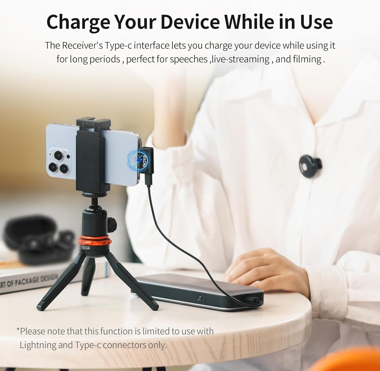 Communicates that the wireless receiver allows users to charge their device via Type-C while simultaneously using it for extended activities like filming, streaming, or presenting.