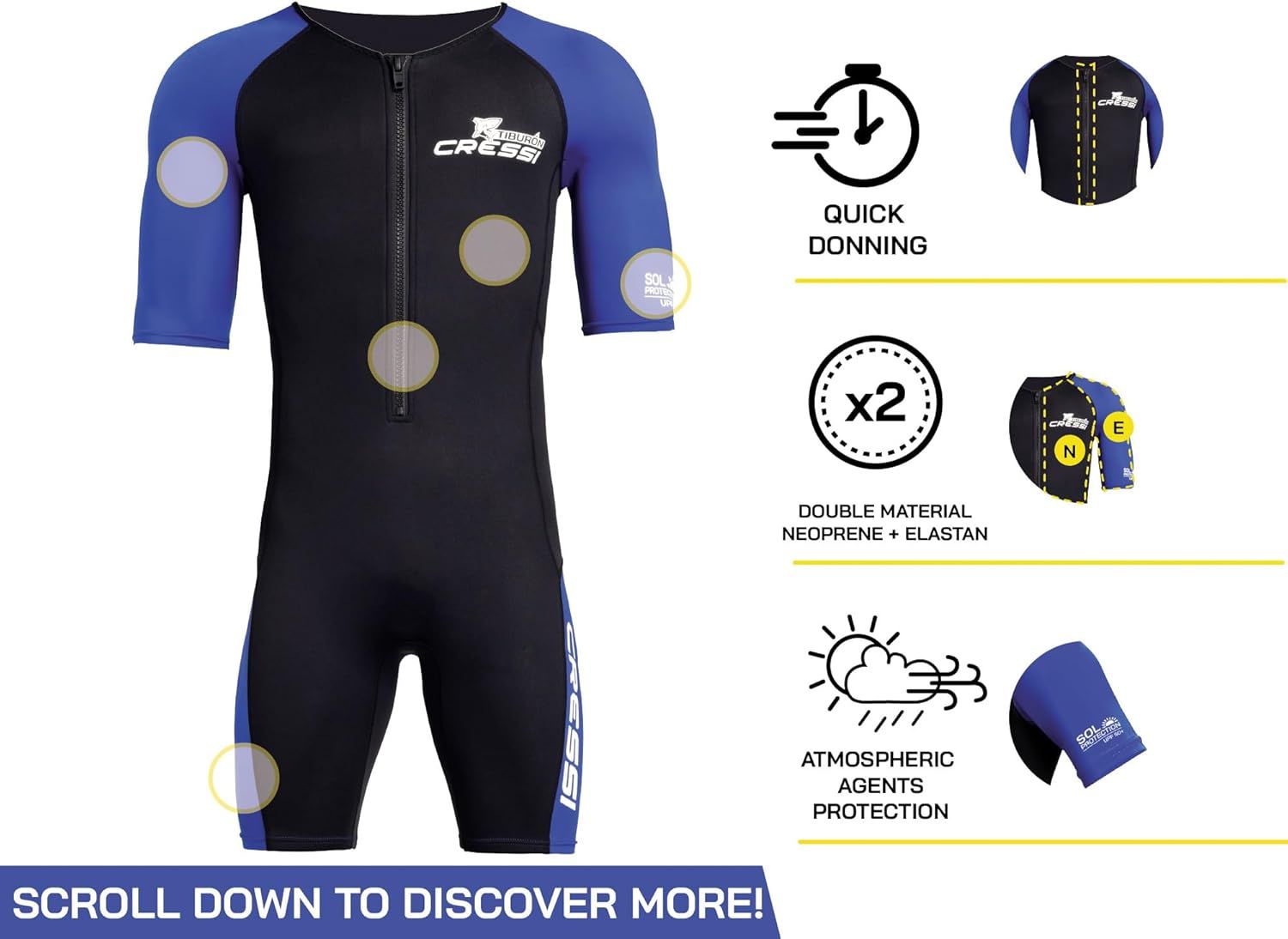 Communicates multiple key benefits of the wetsuit including ease of use, material quality, and weather protection to help shoppers understand the product's versatility and performance features.
