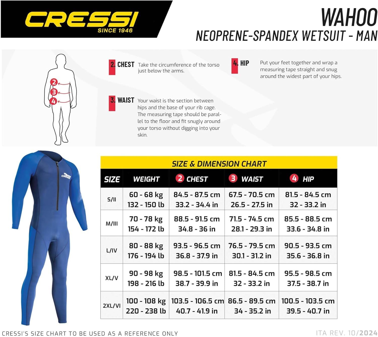 Provides detailed sizing information with measurement instructions and a comprehensive size chart to help shoppers select the correct wetsuit size based on their body measurements.