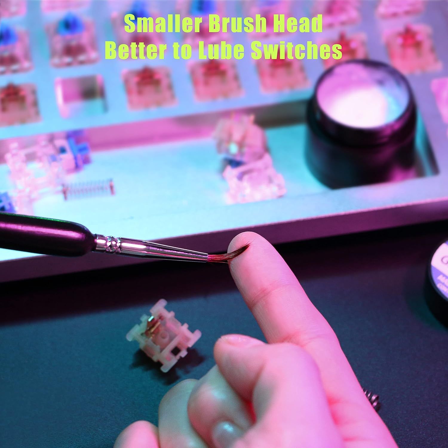 Demonstrates that the product's smaller brush head design is specifically optimized for lubricating mechanical keyboard switches, reassuring shoppers of its precision and suitability for detailed…