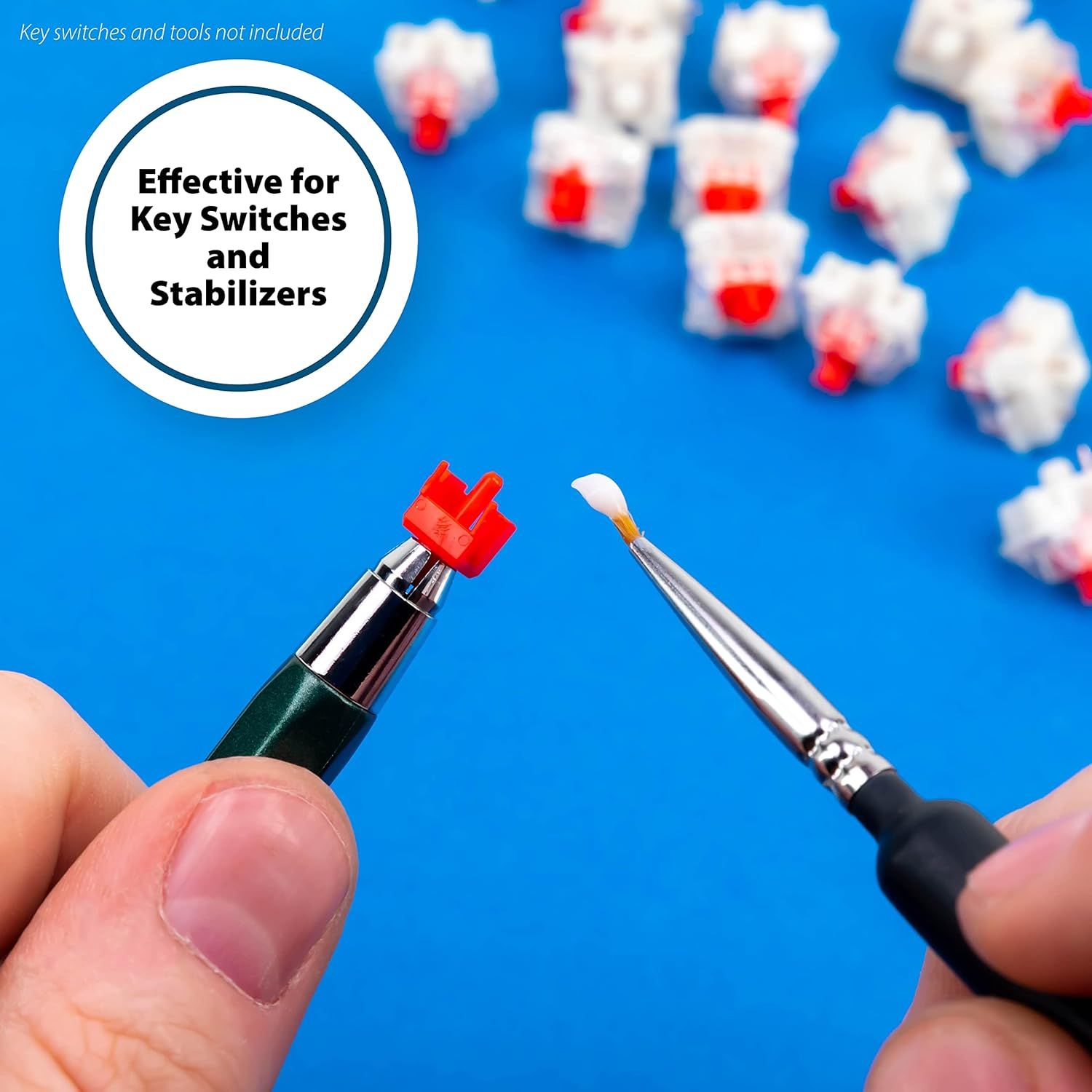 Demonstrates that the product (lubricant) is effective for use with mechanical keyboard key switches and stabilizers, showing its specific application in keyboard maintenance.