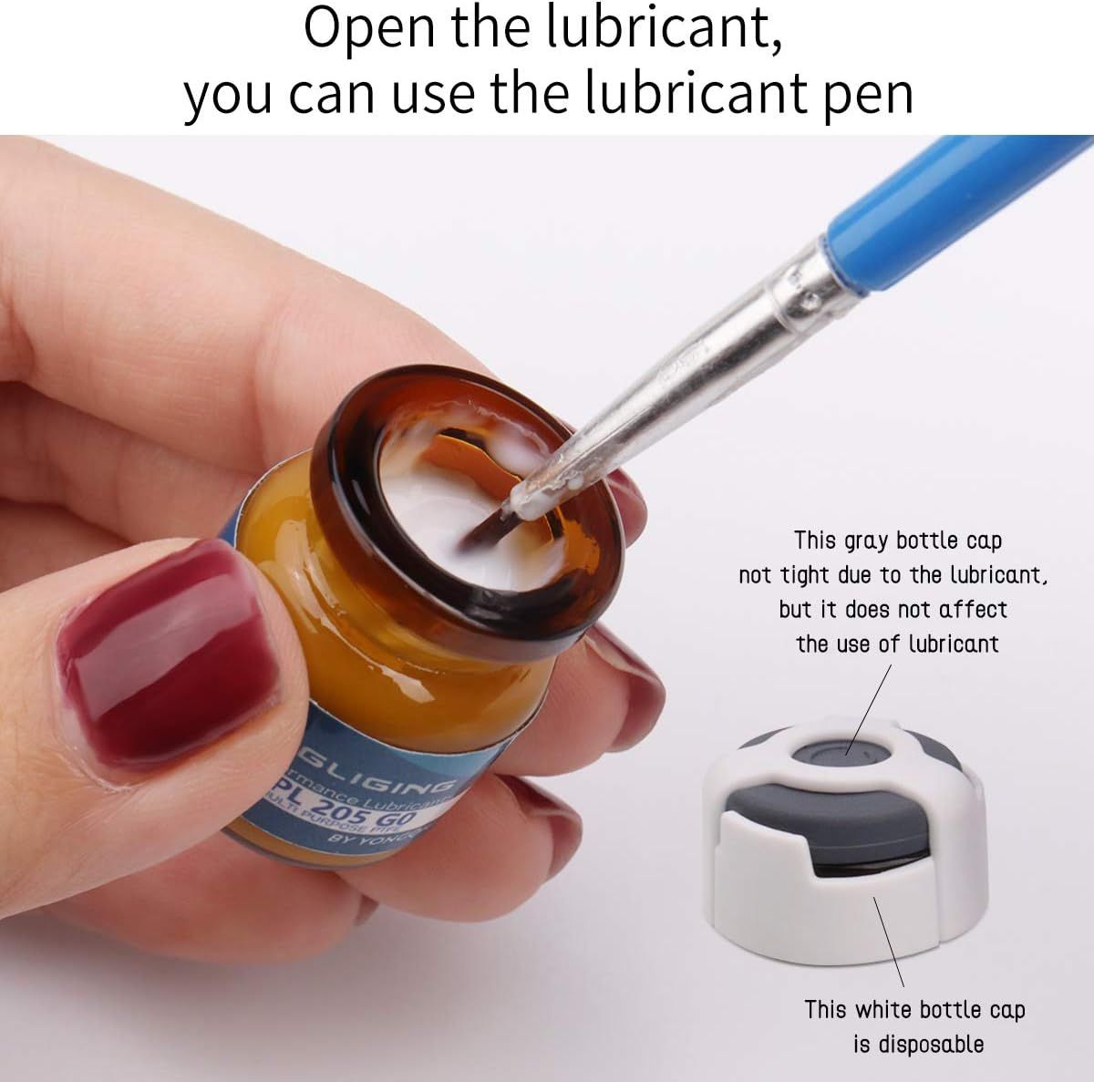 Demonstrates how to open and apply the lubricant using the included pen applicator, reassuring shoppers about ease of use and precise application.