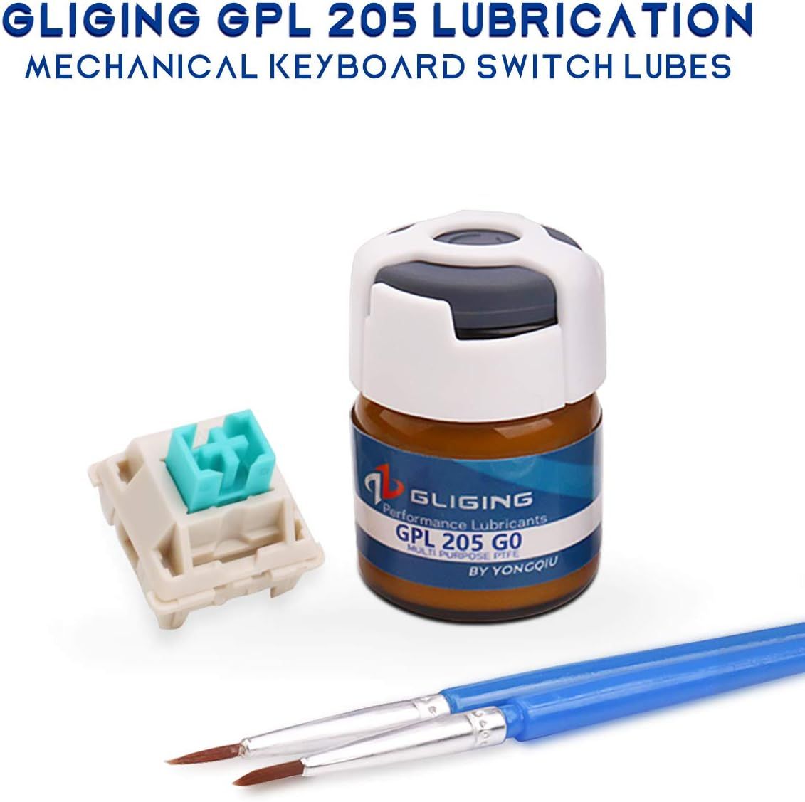 Shows all items included in the purchase: the GPL 205 lubricant bottle, a mechanical keyboard switch, and application brushes, helping shoppers understand they receive everything needed for keyboard…