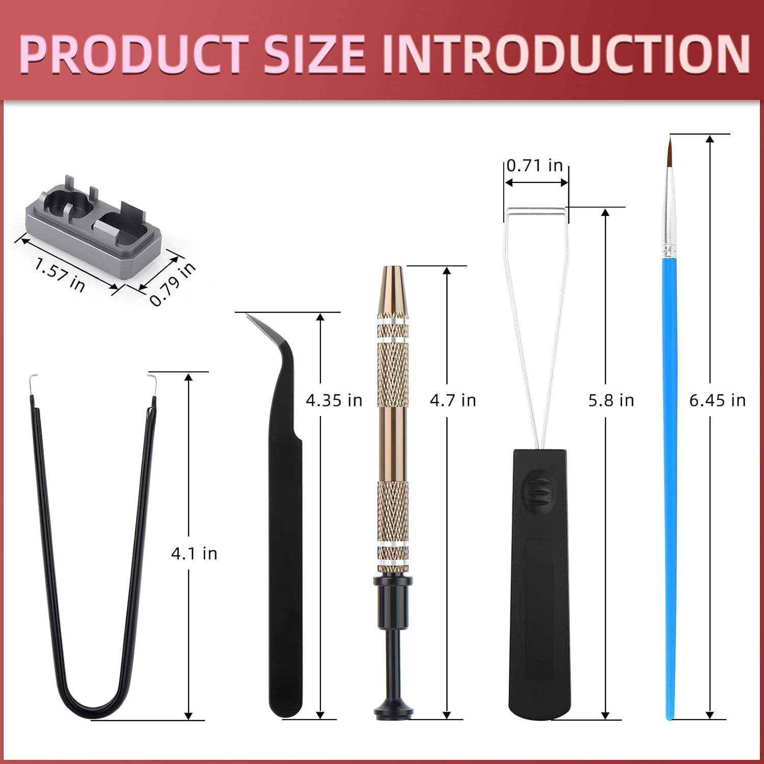 Provides exact dimensional measurements for each tool and component included in the kit, helping shoppers understand the physical size of each item before purchase.