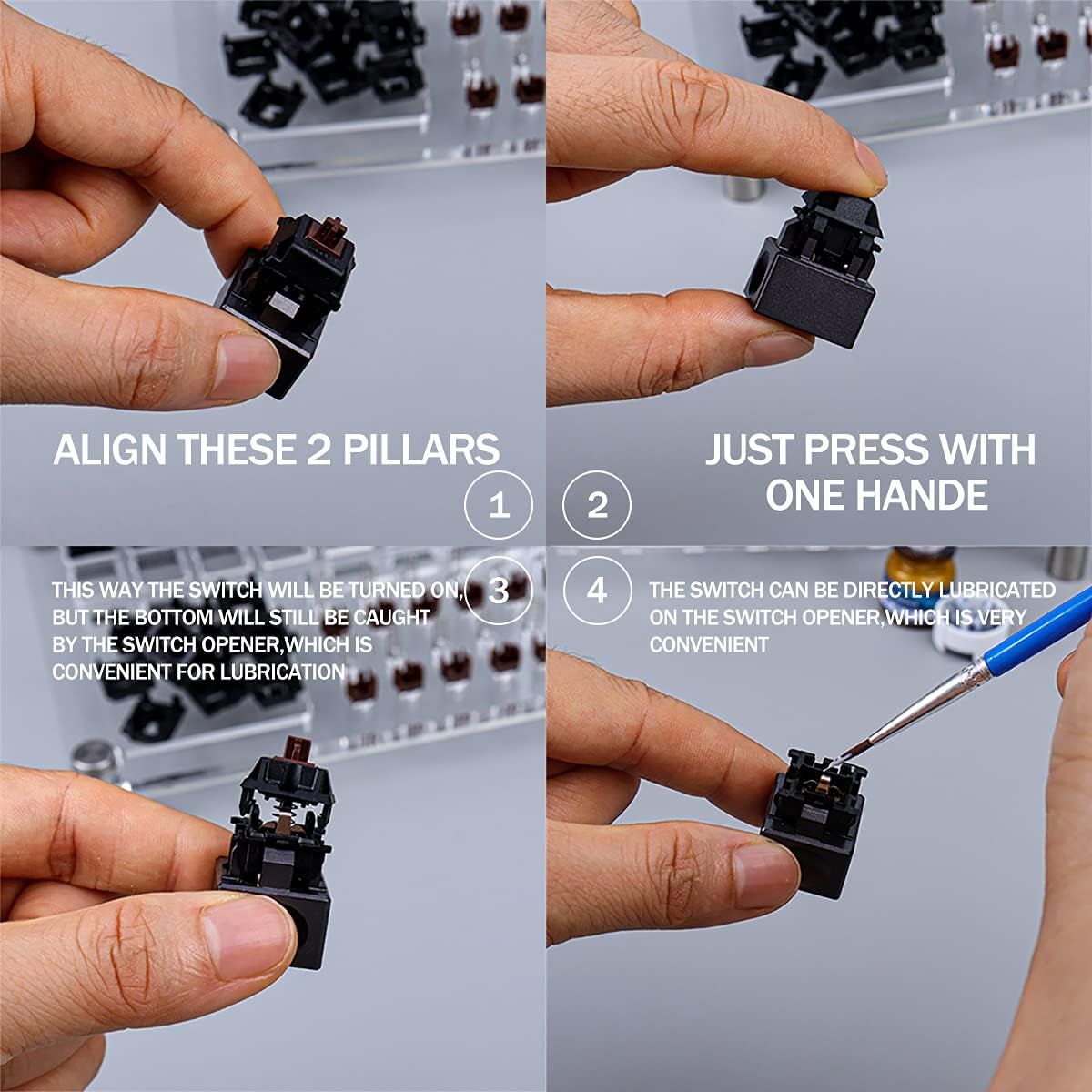 Demonstrates the step-by-step process for installing and lubricating keyboard switches, emphasizing ease of use and convenient maintenance access.
