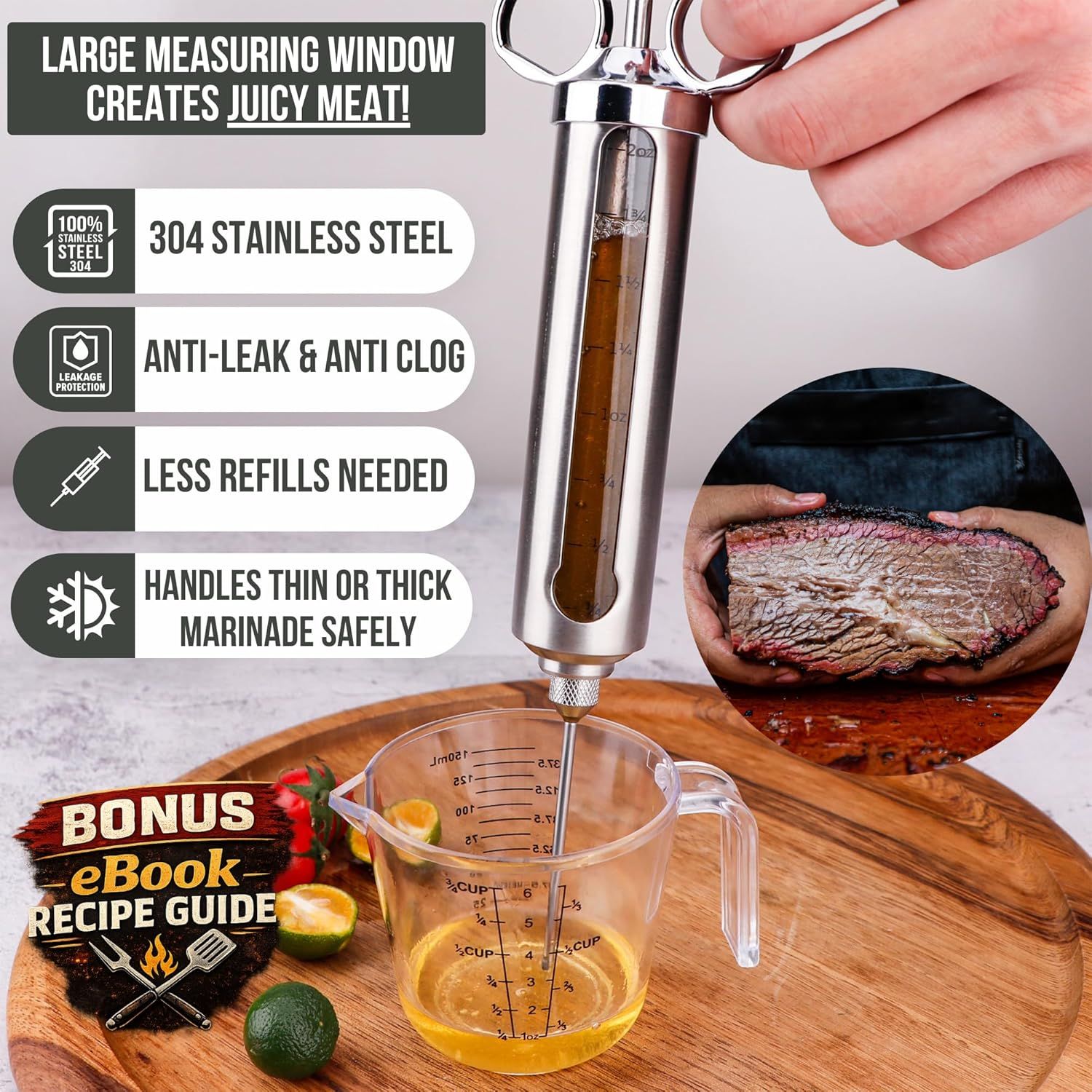 Communicates multiple distinct benefits of the meat injector in a segmented layout with icons and callouts, showing why it's superior for marinating and creating juicy meat.
