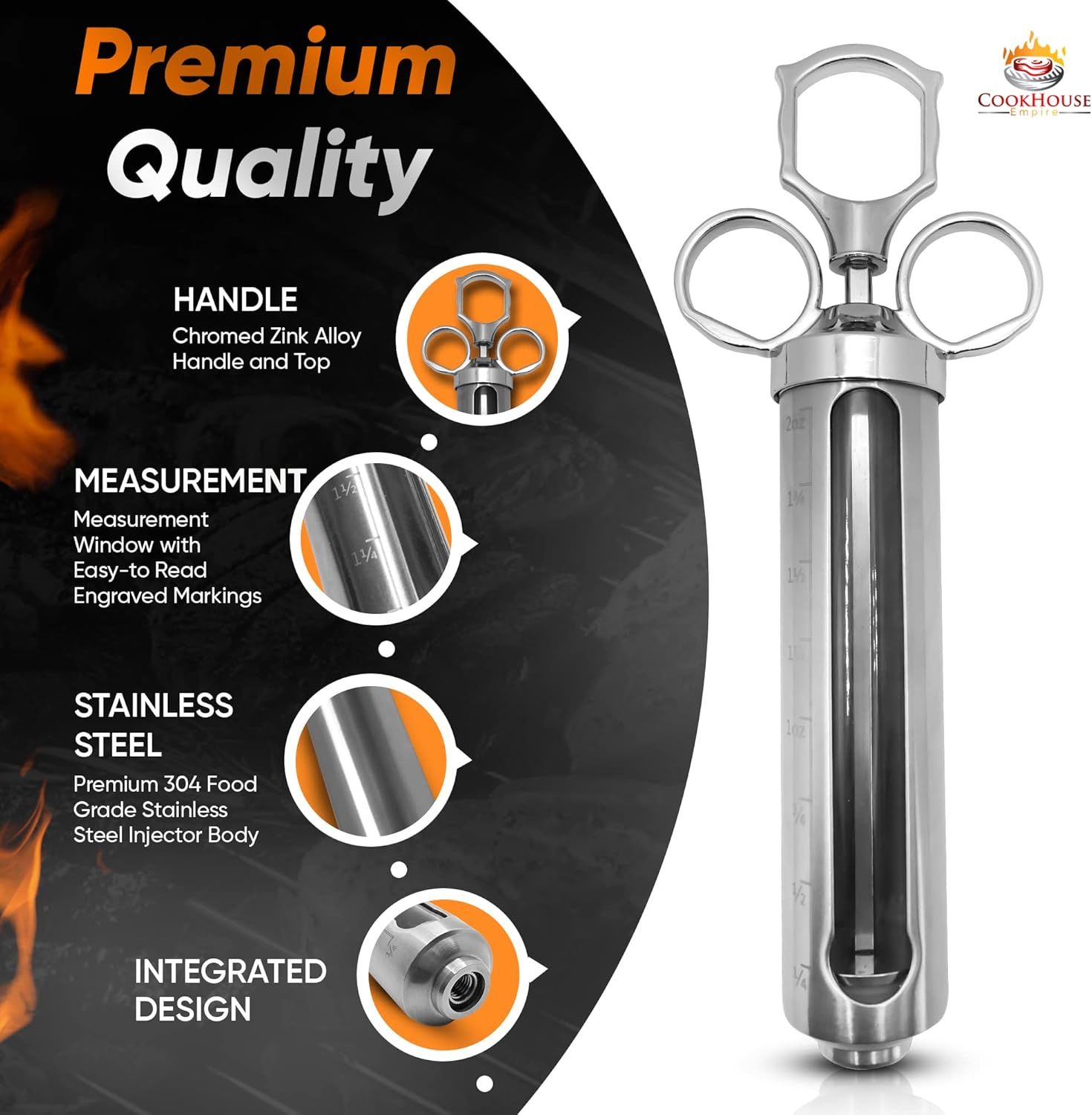 This image breaks down the physical components and material quality of the meat injector, highlighting premium construction features to reassure shoppers of the product's durability and…