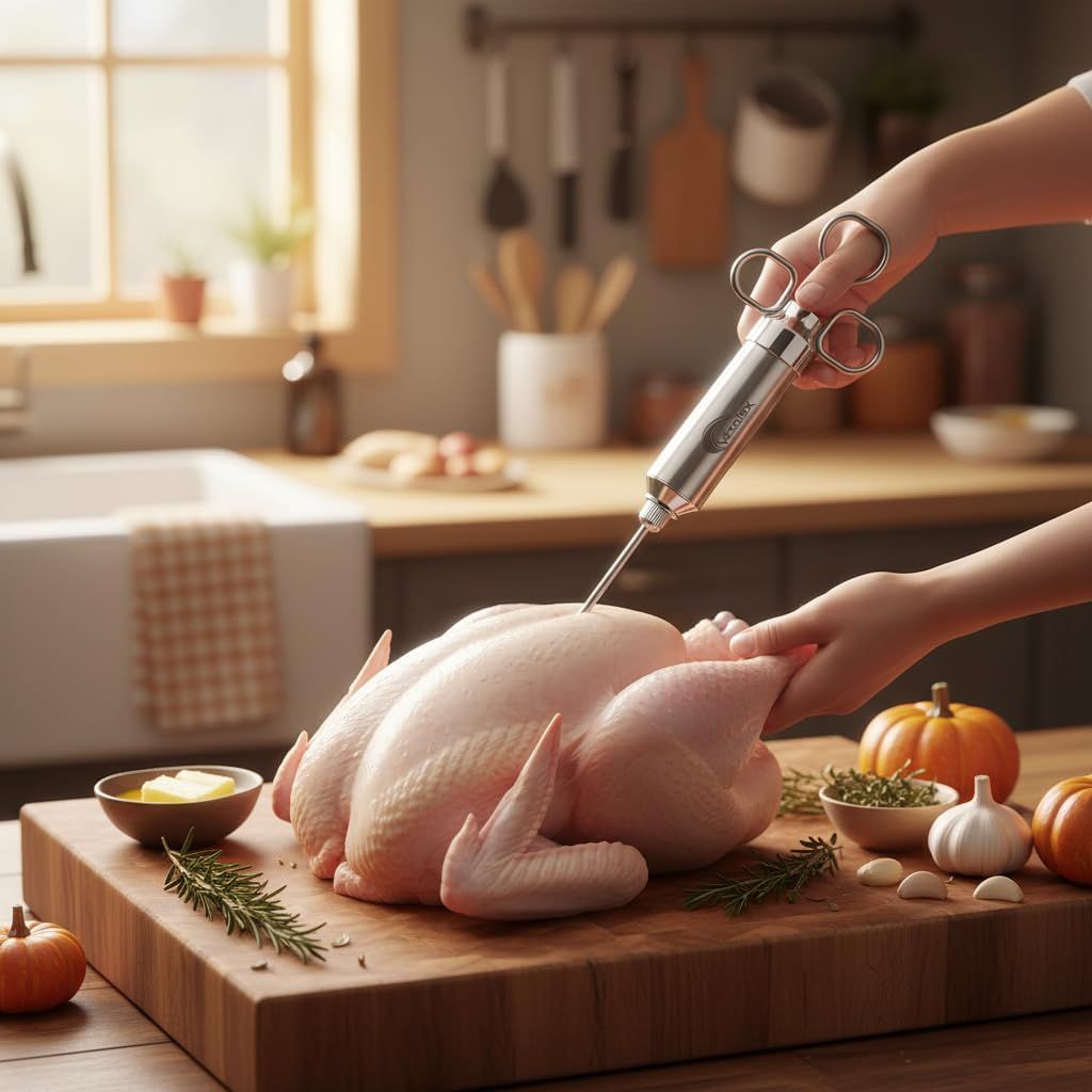 Demonstrates the product in a real-world kitchen setting, showing the meat injector being used to prepare poultry, helping shoppers visualize the product in…
