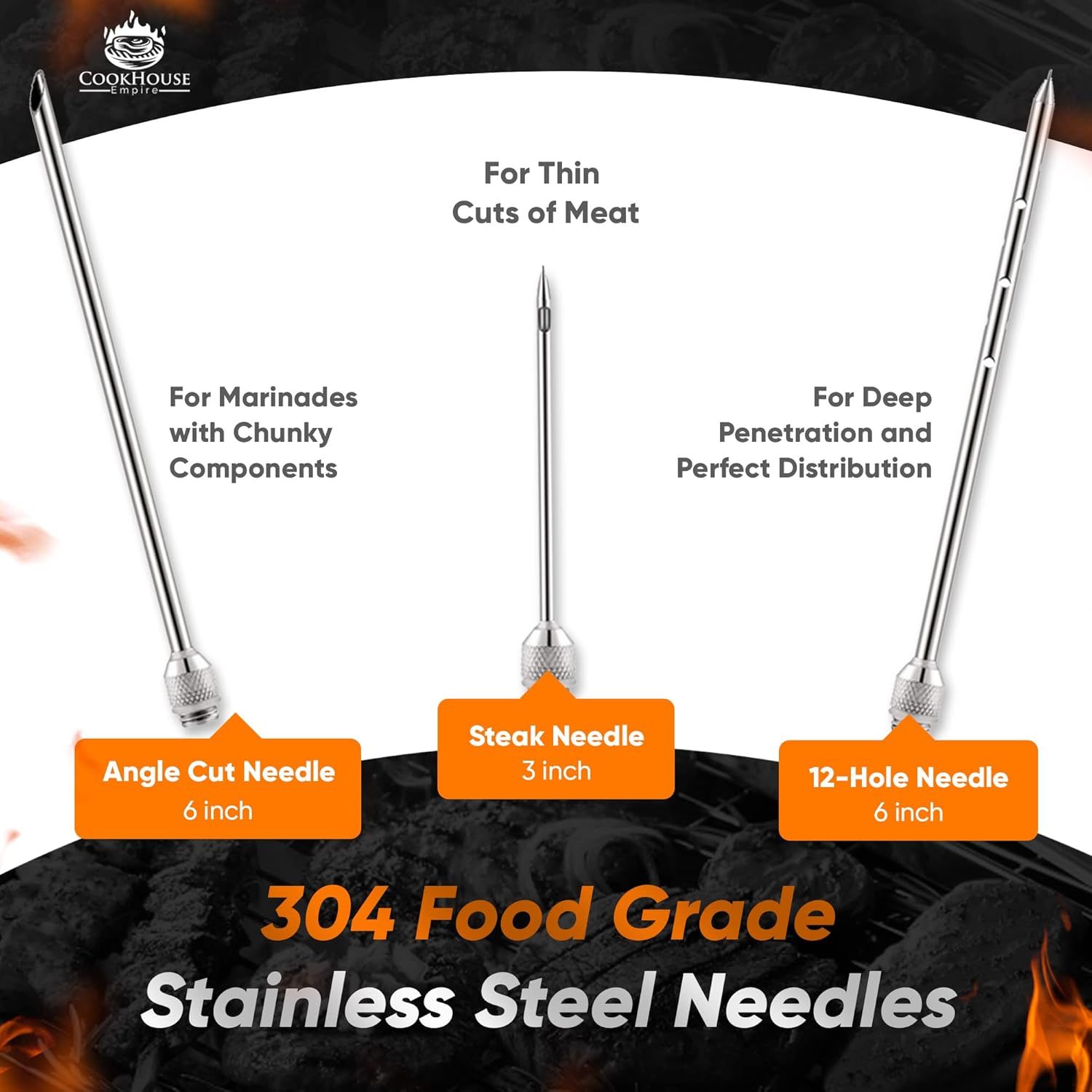 Demonstrates three different needle types and their specific cooking applications (thin cuts, marinades, deep penetration) to show the product's versatility and help shoppers choose the right tool…