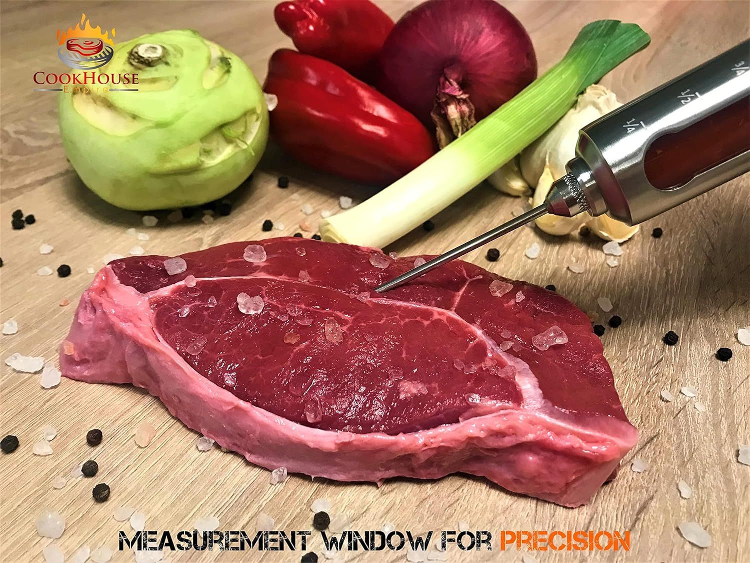 Highlights the precision measurement window feature of the meat thermometer, reassuring shoppers that they can accurately gauge meat temperature for perfect…