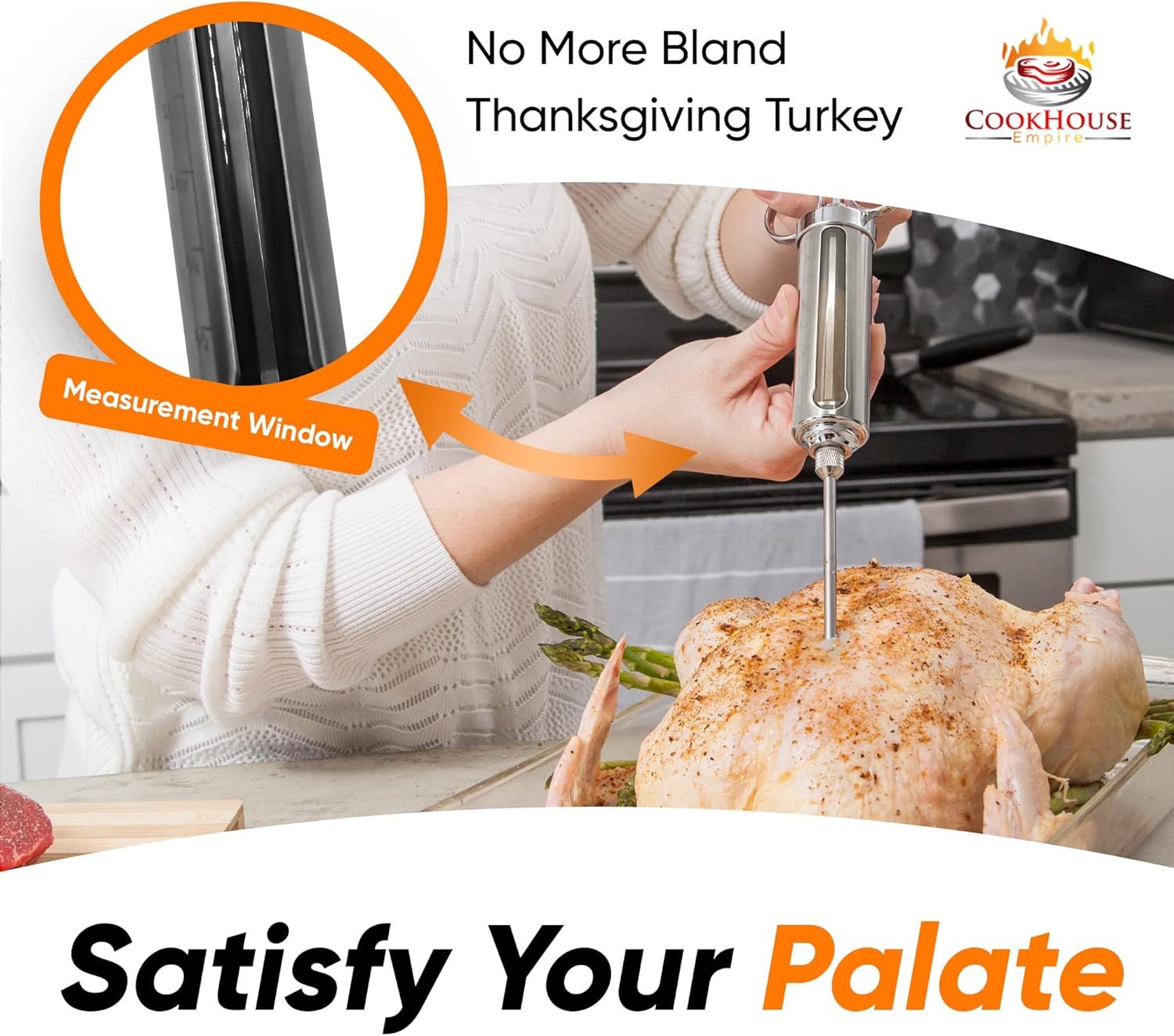Highlights the measurement window feature of the meat injector, showing how users can see the marinade level to ensure precise injection and avoid bland turkey. Demonstrates how the measurement…