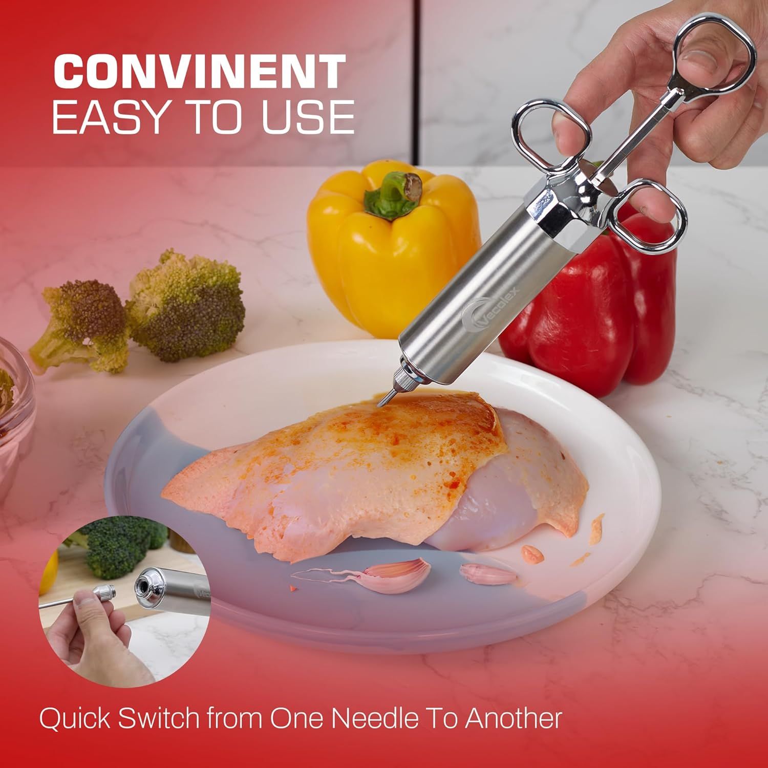Communicates that the meat injector is convenient and easy to use, with the ability to quickly switch between needles, making food preparation simpler and…