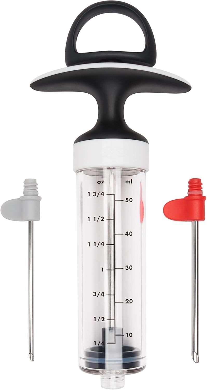 Shows all the components included in the purchase: the main injector tool with measurement markings and two different colored injector tips (white and red), demonstrating the complete value and…