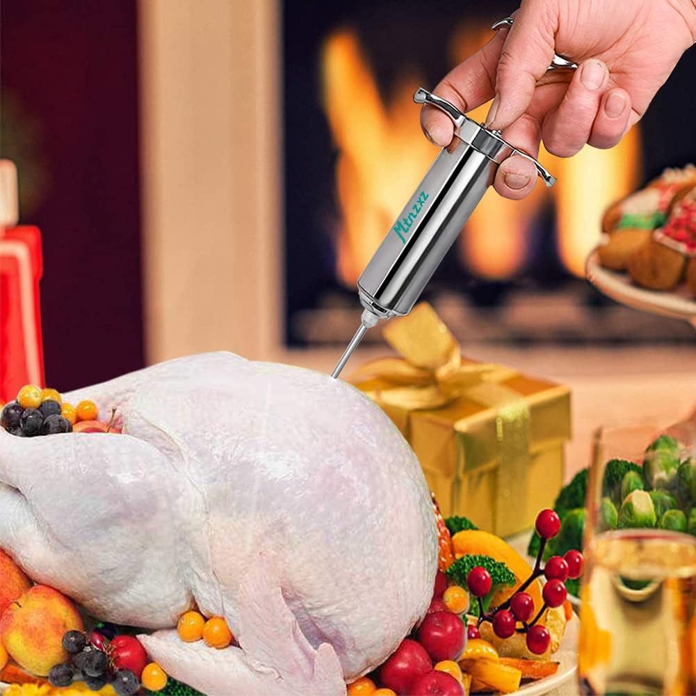 Demonstrates the product being used in a real-world holiday cooking scenario, showing the meat injector in action with a turkey and festive setting to help shoppers visualize practical usage.