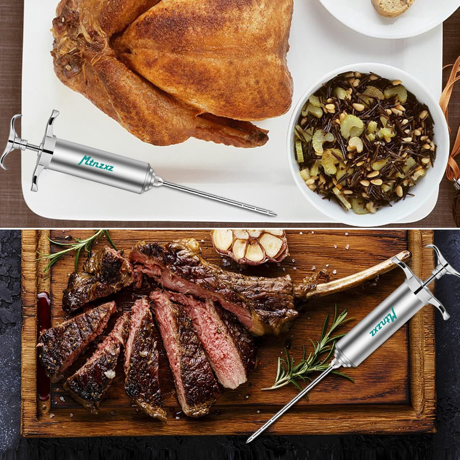 Demonstrates the versatility of the meat injector by showing it can be used for multiple types of cooking applications, from poultry (whole roasted chicken) to red meat (steak), reassuring shoppers…