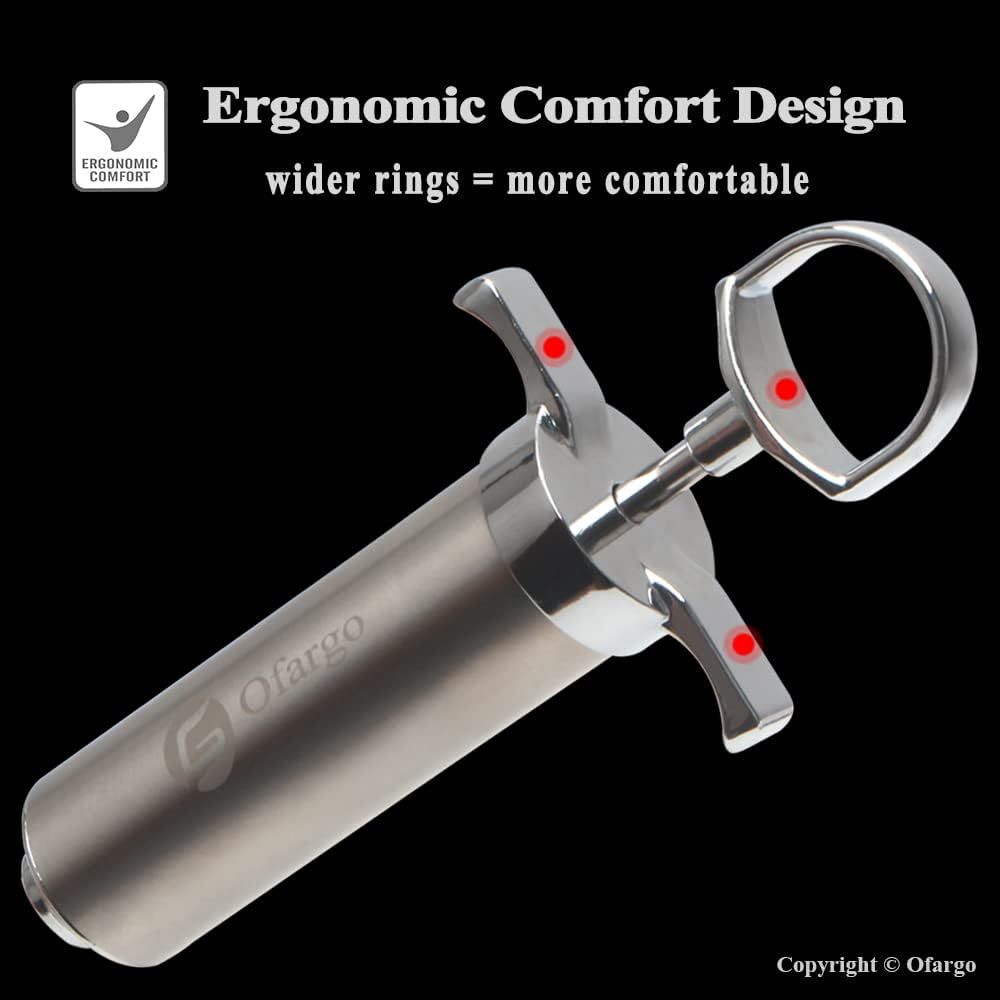 Highlights the ergonomic design feature of wider rings with red dots pointing to specific comfort zones, reassuring shoppers that the product is designed for comfortable grip and use. Communicates…