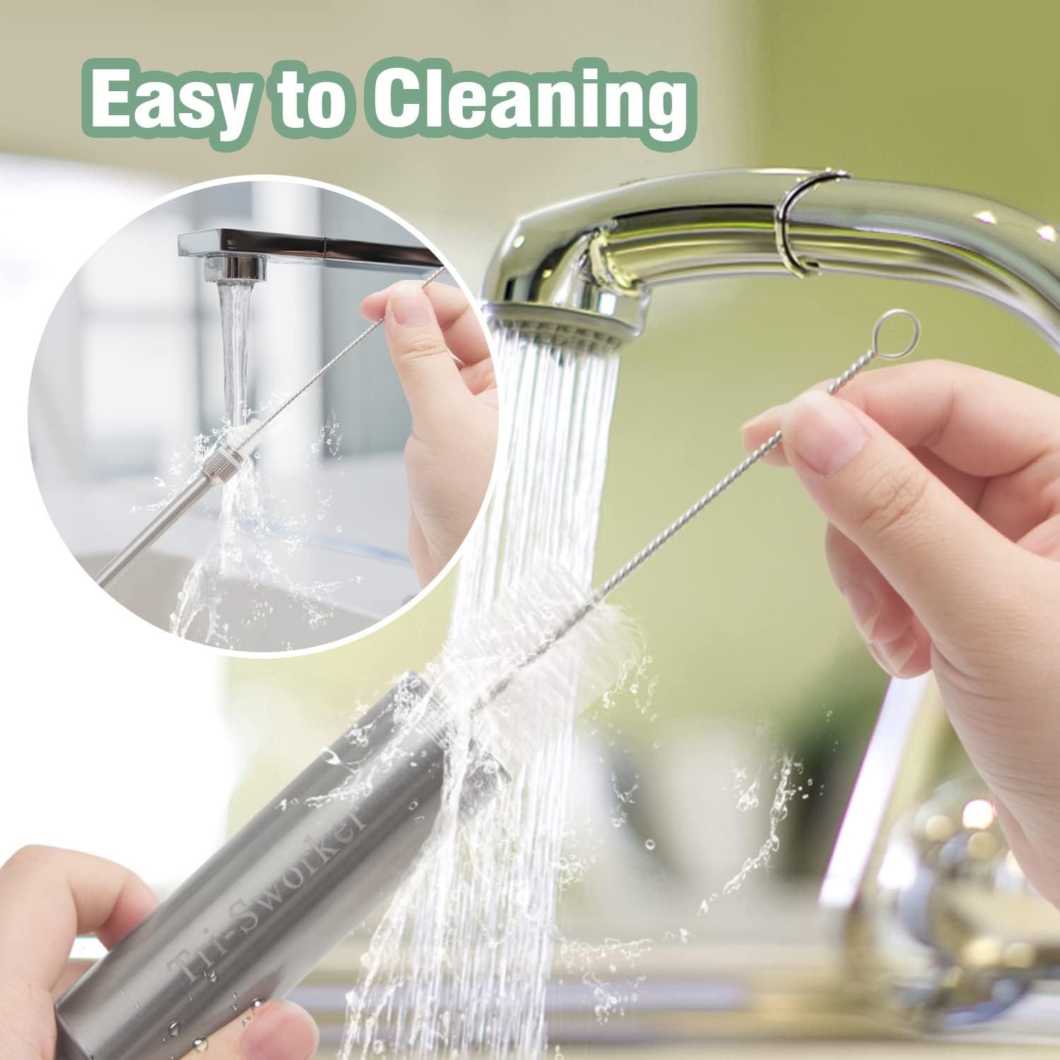 Communicates that the product (appears to be reusable straws or cleaning brushes) is easy to clean under running water, reassuring shoppers about maintenance convenience.