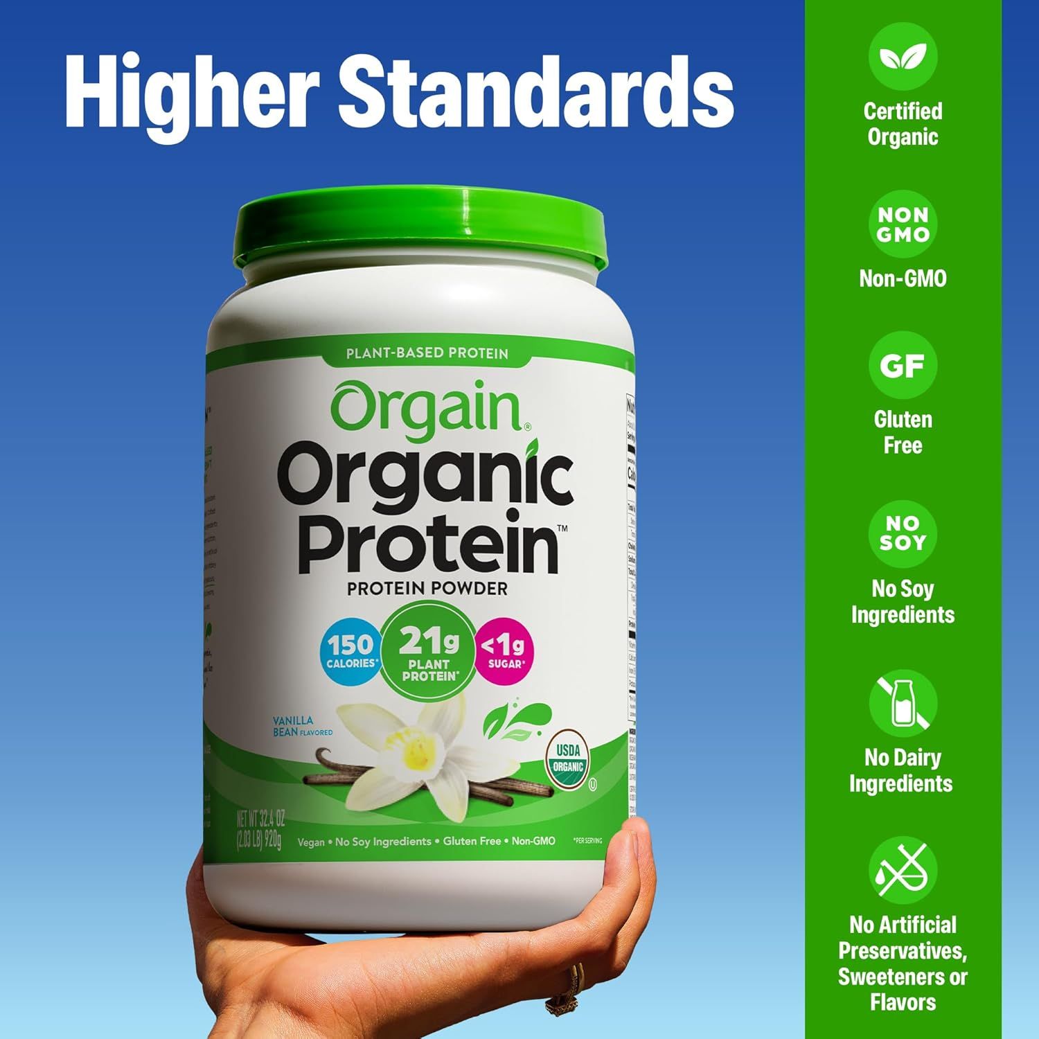 Communicates multiple health and dietary benefits of the protein powder to reassure health-conscious shoppers that the product meets various dietary standards and preferences.