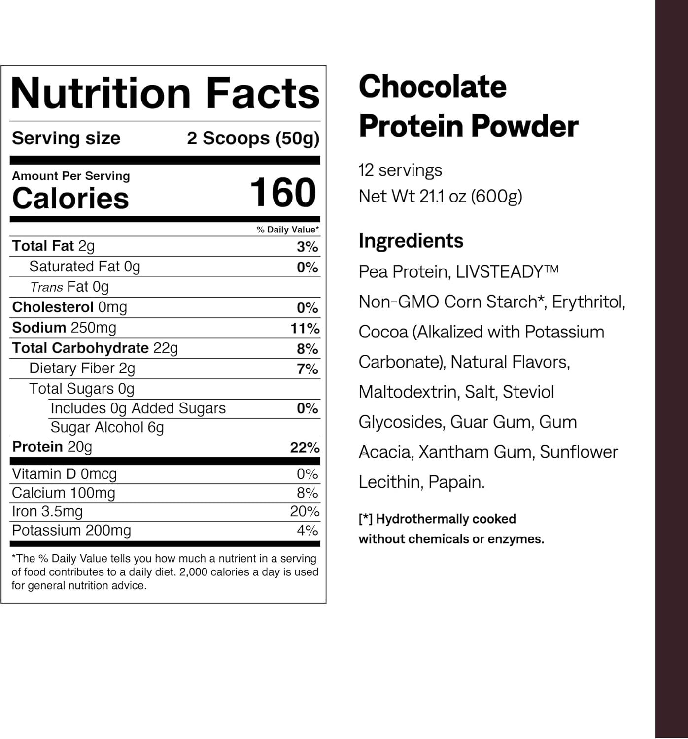 Communicates the comprehensive nutritional profile and ingredient transparency of the chocolate protein powder, emphasizing multiple health benefits including high protein, low calories, zero sugar,…