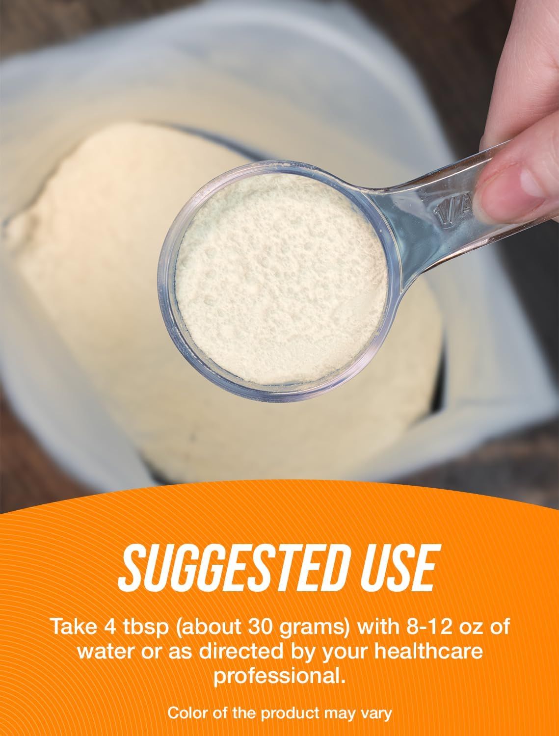 Demonstrates how to properly measure and use the product by showing the recommended serving size and mixing instructions to ensure correct usage. Communicates the simplicity and ease of preparing…