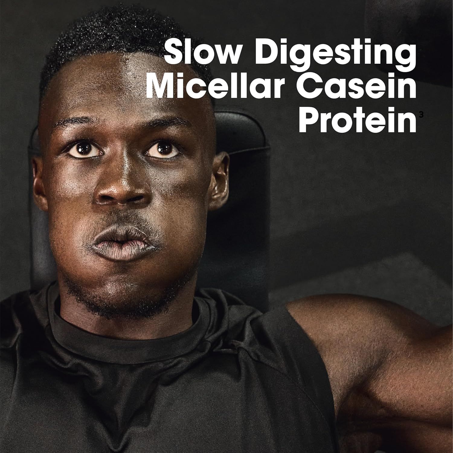 Communicates the key protein type and its slow-digesting benefit to appeal to fitness-focused shoppers seeking sustained protein release.
