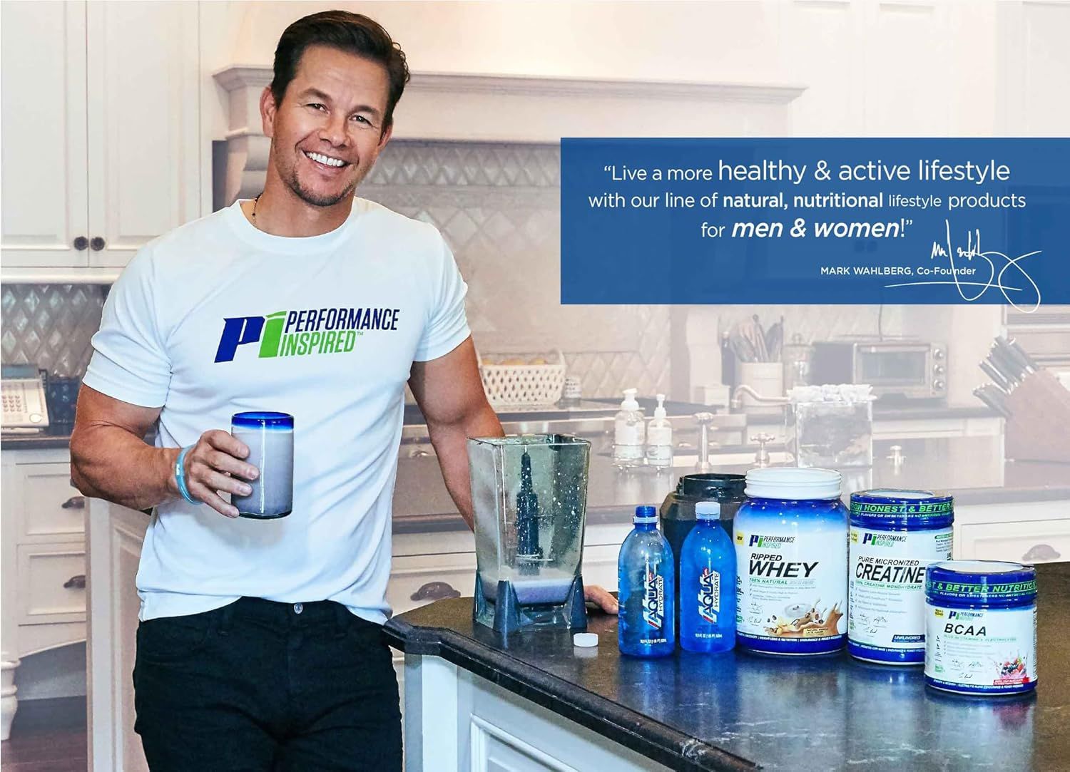Features a celebrity co-founder endorsement with a direct quote to build trust and credibility, positioning the product line as natural, nutritional, and suitable for an active lifestyle. Showcases…