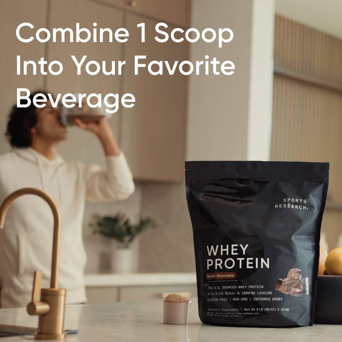 Demonstrates how the whey protein powder can be used by mixing it into beverages, showing versatility and ease of use in everyday routines. Shows the product in a real-world home environment to help…