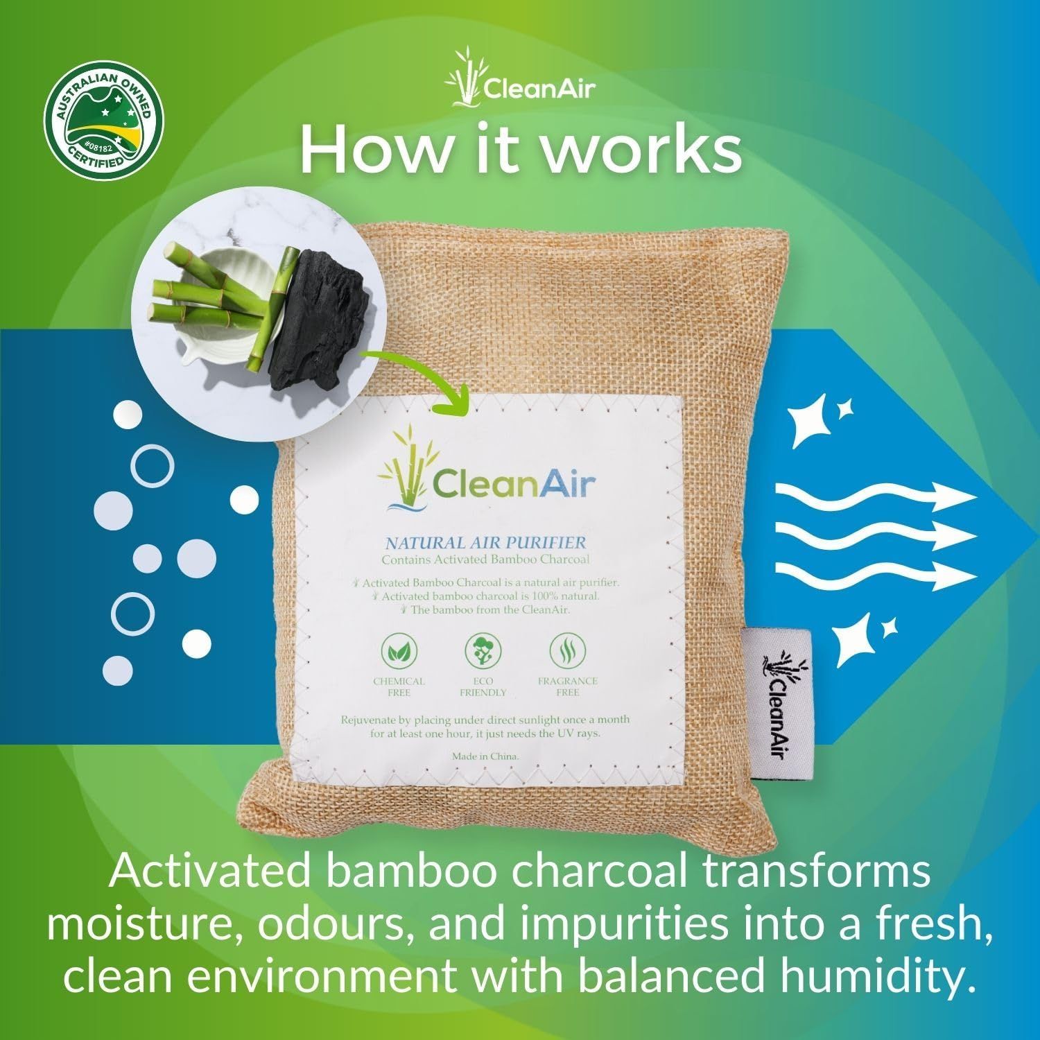 Explains how the natural air purifier works by showing the activated bamboo charcoal ingredient and its transformation process to purify air, remove odors, and balance humidity. Highlights the…