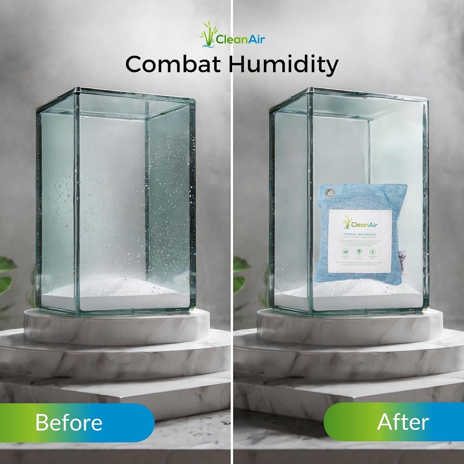 Demonstrates the product's effectiveness at combating humidity by showing a foggy, moisture-filled glass case transformed into a clear, dry environment after using the CleanAir natural air purifier…