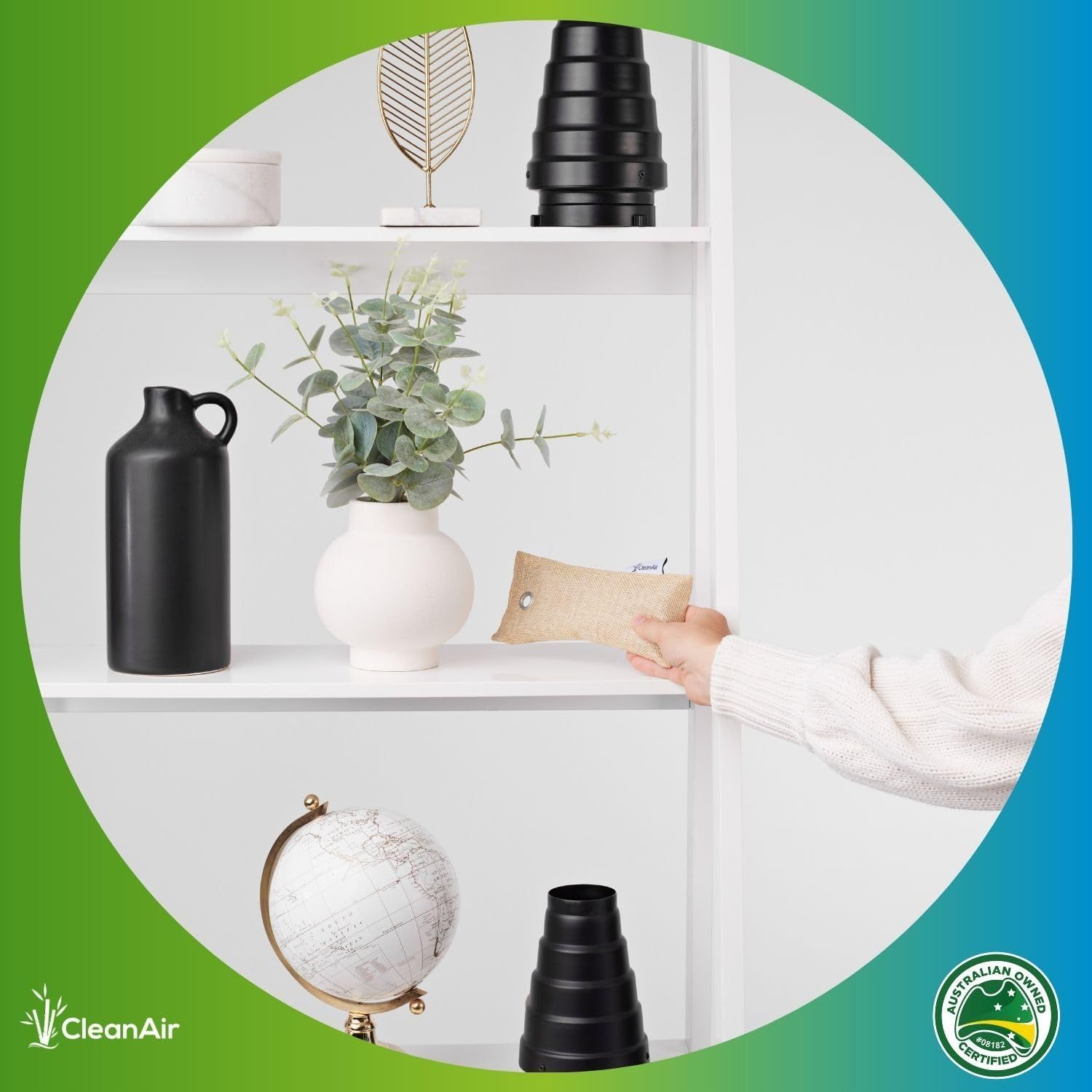 Demonstrates how the product blends naturally into a modern home environment, showing it in use on a styled shelf to reassure shoppers it will fit seamlessly into their living space.