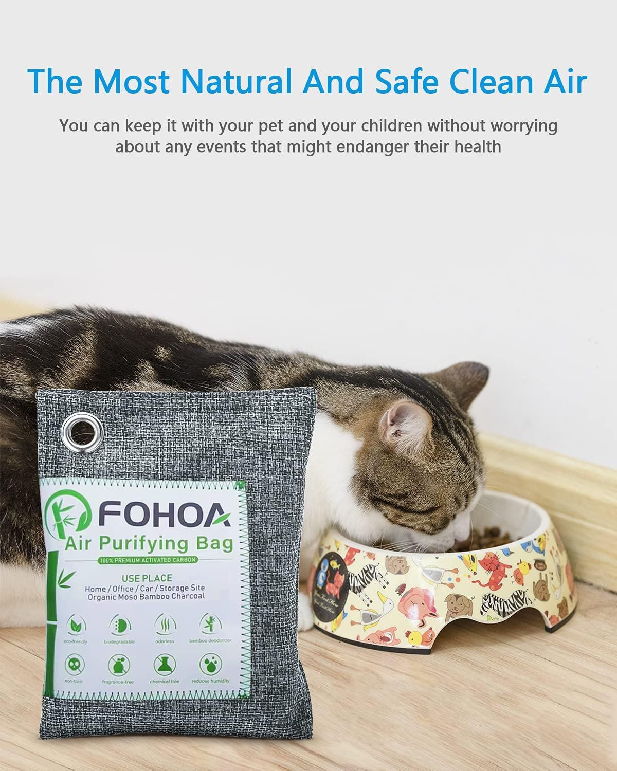 Reassures shoppers that the air purifying bag is natural, safe, and non-toxic for use around pets and children, addressing health and safety concerns. Communicates the core benefit that the product…