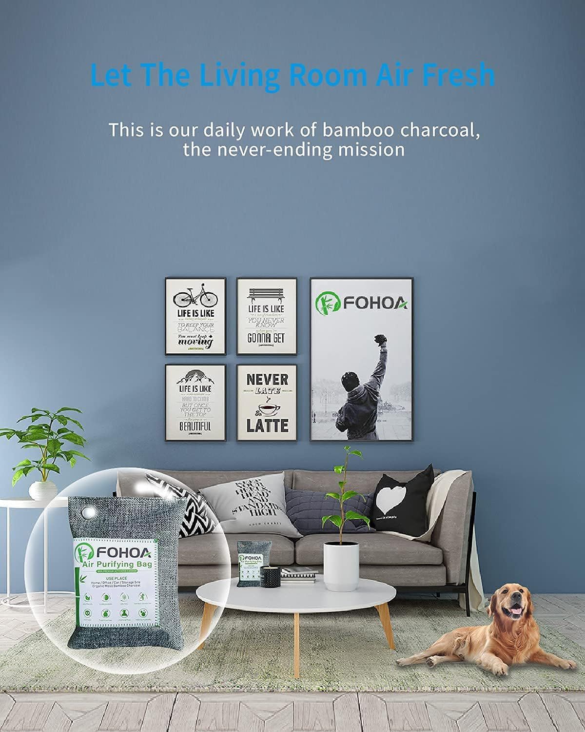 Demonstrates the product's air purifying capability using bamboo charcoal to keep living spaces fresh, reassuring shoppers of its effectiveness in real home environments.