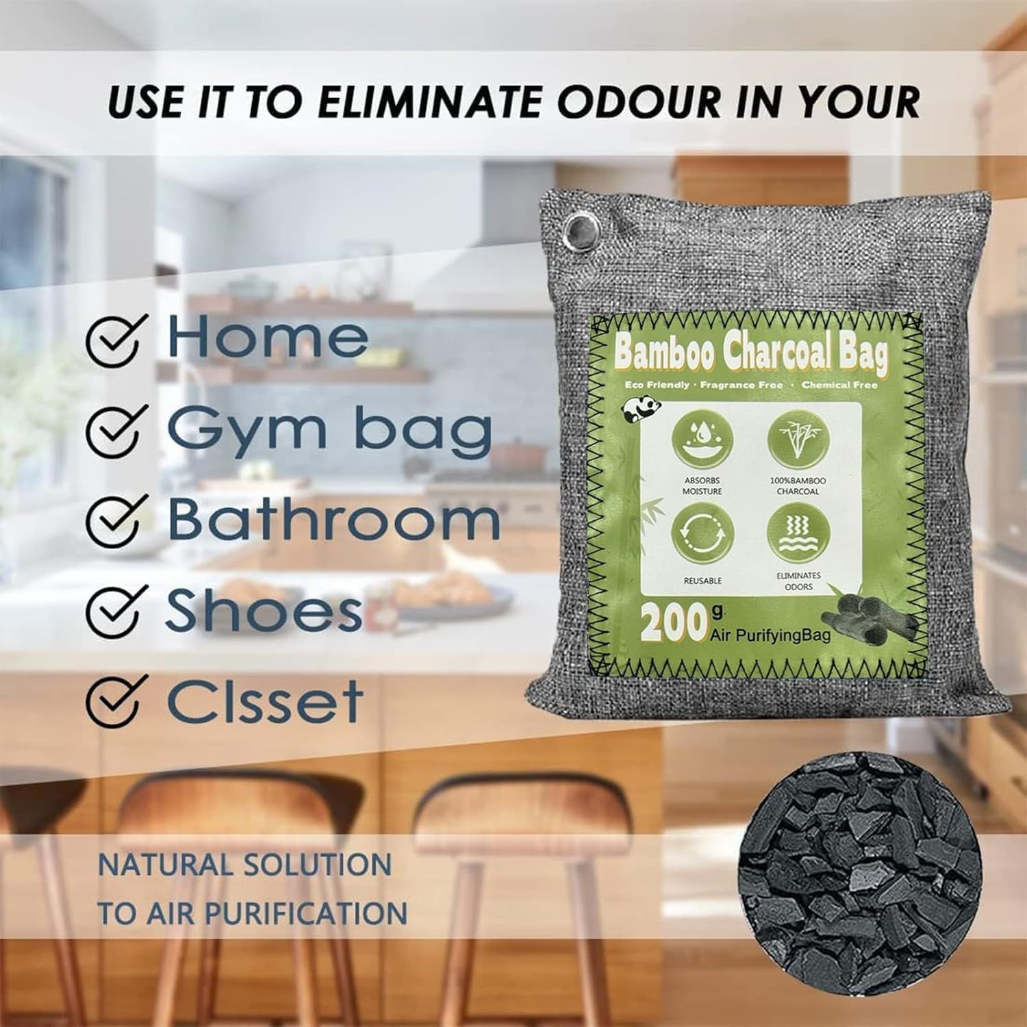 Demonstrates the versatility of the bamboo charcoal bag by showing multiple environments and scenarios where it can eliminate odors, reassuring shoppers of its wide-ranging usefulness. Highlights…