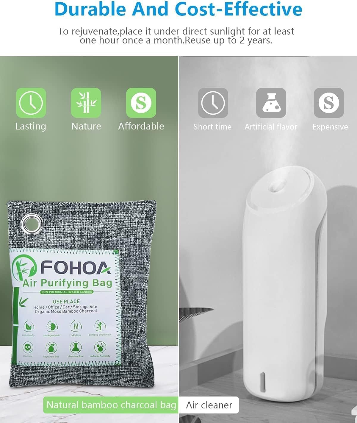 Demonstrates the superiority of the natural bamboo charcoal bag over an air cleaner by showing it is lasting, natural, and affordable versus short-lived, artificial, and expensive alternatives.