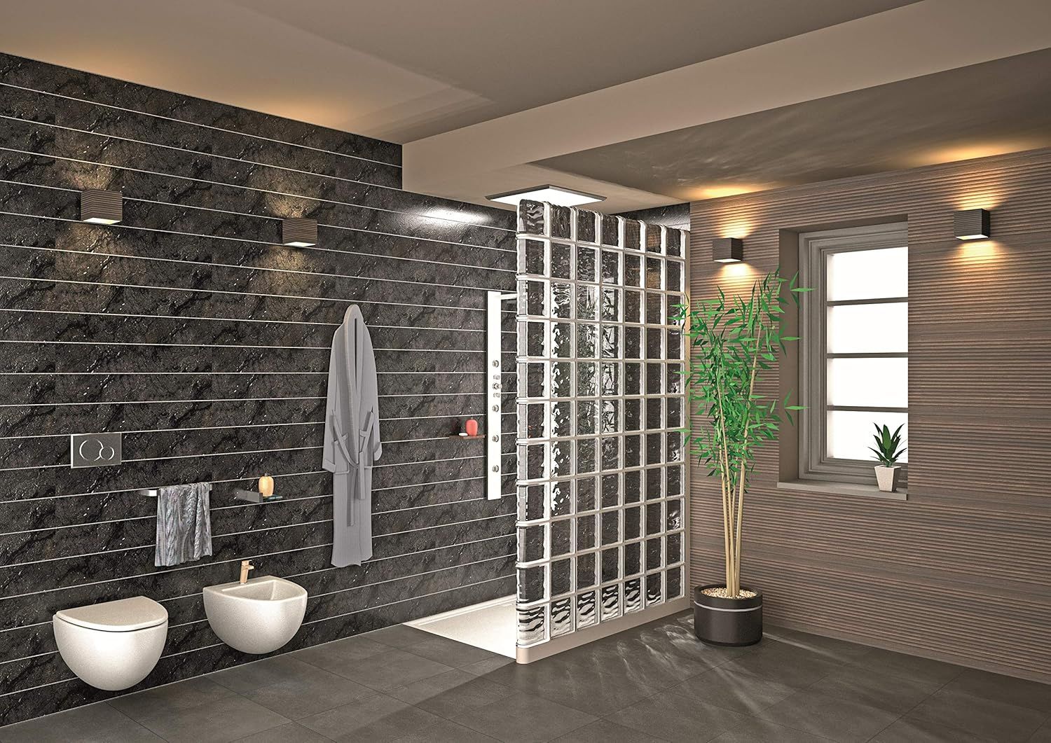 Demonstrates the product (glass block shower divider) in a real-world, upscale bathroom setting to help shoppers visualize how it would look in their own home.