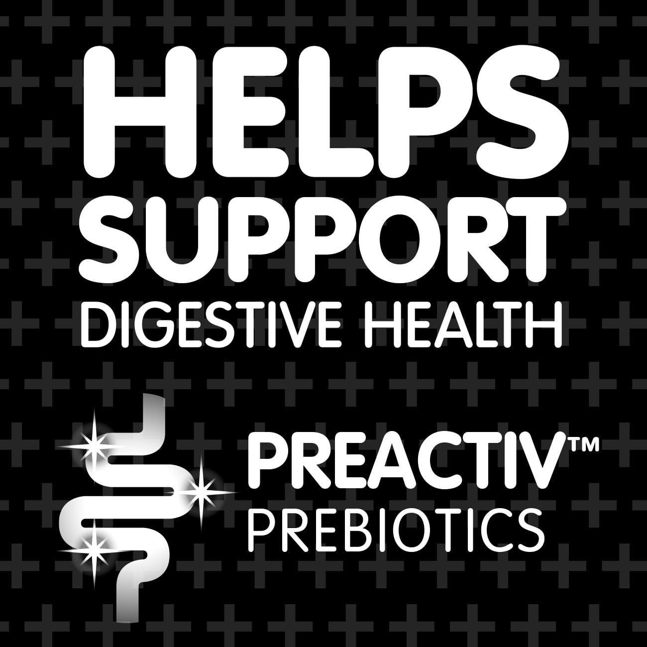 Communicates that the product contains preactive prebiotics that help support digestive health, reassuring shoppers of the product's functional benefit.