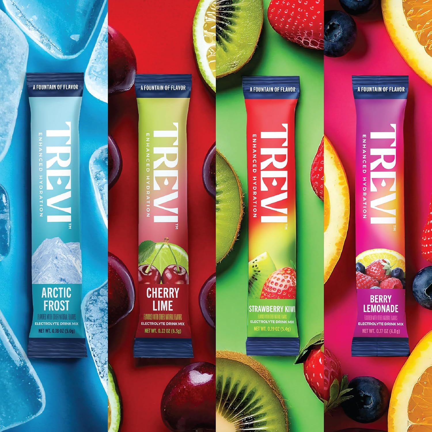 Showcases the brand's product lineup by displaying multiple flavor variants side-by-side, helping shoppers understand the variety of options available and encouraging them to explore different…