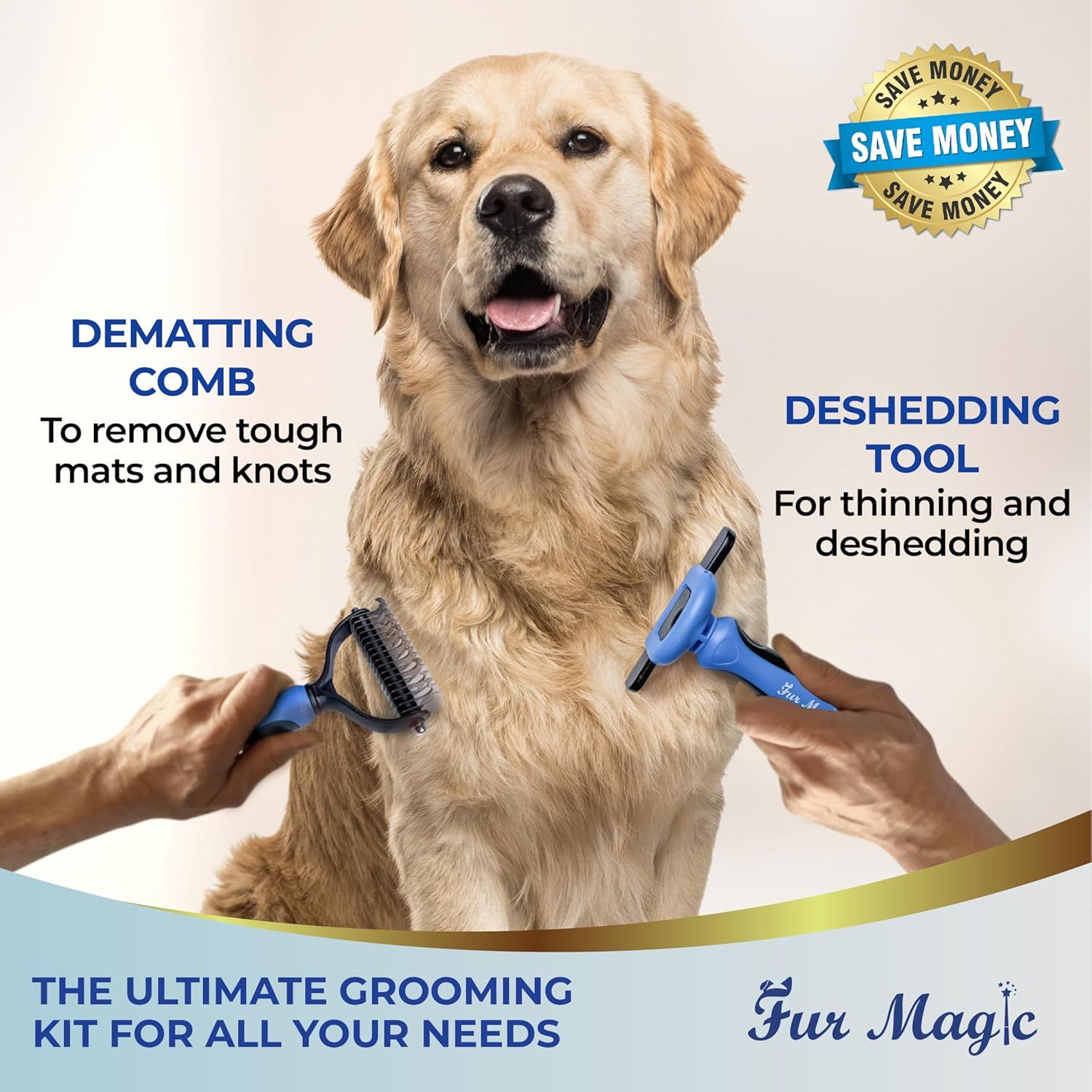 Showcases two distinct grooming tools and their specific benefits—removing mats/knots and thinning/deshedding—to demonstrate the versatility and completeness of the grooming kit.